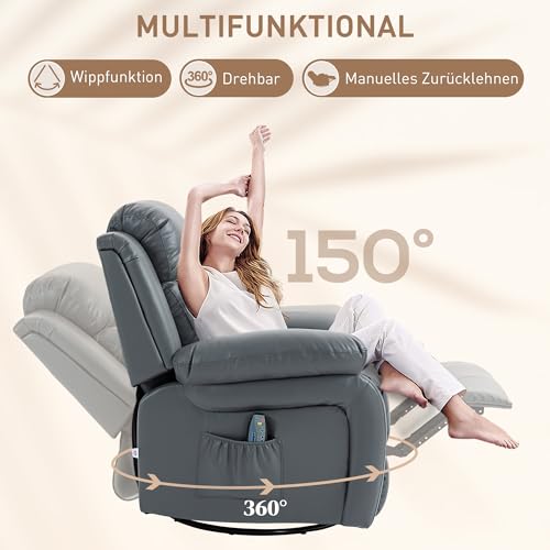 HOMCOM Relaxsessel mit Massagefunktion, Elektrisch Fernsehsessel mit 8 Vibrationsköpfen, Wippfunktion, Drehbar Liegesessel mit Fernbedienung und Seitentasche, Kunstleder, Grau – Bild 6