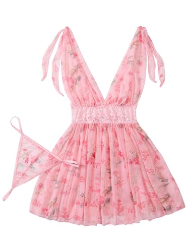 Image of Lilosy Sexy Polka Dots Mesh Sheer Lace Babydoll Chemise Lingerie Set Floral Sleep Wear