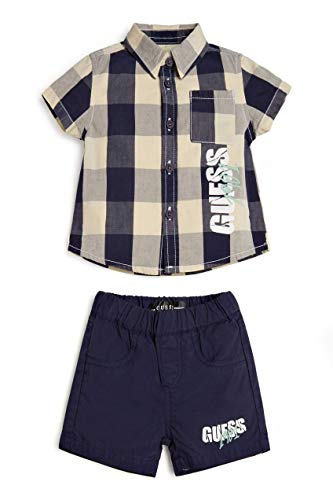 GUESS Baby Boys Sleeve Plaid Button Front Shirt and Pull ON POPLIN Short 2 Piece Set, Blue/White Check, 12M