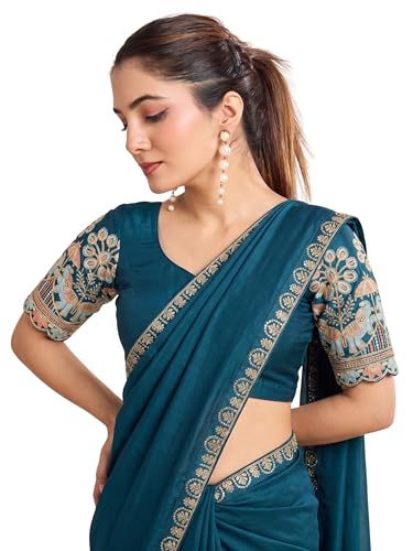 Image of Women's Saree with Heavy Embroidered Blouse & Border, Designer saree for Women