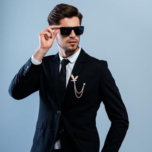 Image of Vintage Hawk Chain Brooch Pin Animal Eagle Bird Long Chain Tassel Suit Lapel Pin Rhinestone Hawk Badge Pin Jewelry for Men Women