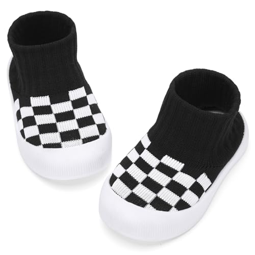 Image of BACSAC Baby Boy Girl Sock Shoes Infant & Toddler Walking Shoes High Top with Knitted Checkered Upper Anti Collision Non-Slip Design Elastic Breathable for Indoor Outdoor 6-36 Months