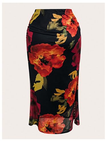 Verdusa Women's Plus Size Boho Floral Bodycon Skirt Vacation Ruched Fishtail Maxi Skirts2