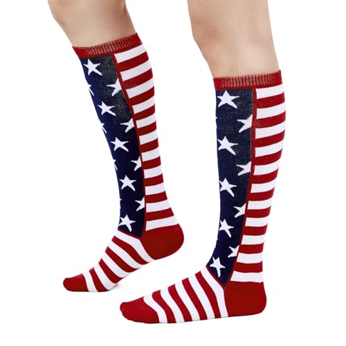 Zando American Flag Knee High Socks for Women Usa Patriotic Stars Knee High Stockings Athletic Over the Calf Socks for Baseball Football Softball Soccer American Stars One Size