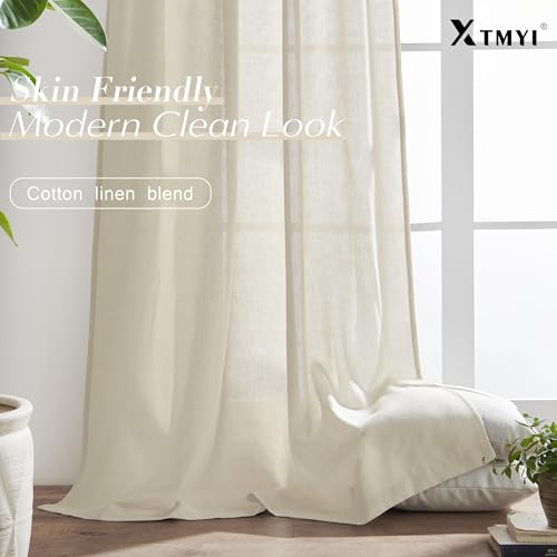 Image of XTMYI Beige 100 Inches Long Country Curtains for Living Room,Sheer Linen Shabby Chic Curtains for Bedroom,50 Inches Wide