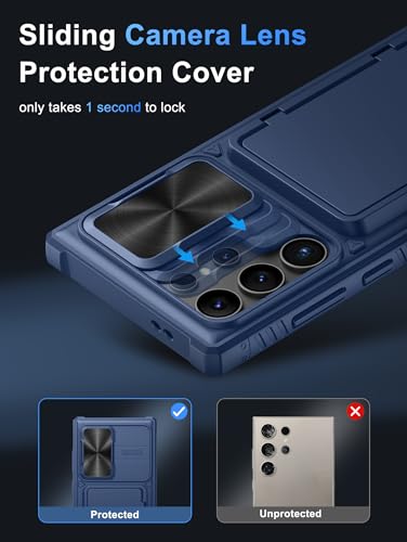 Image of Vihibii PC For Samsung Galaxy S24 Ultra Back Cover With Card Holder (4 Cards) & Slide Camera Cover & Kickstand, Hard Case For Galaxy S24 Ultra, Blue