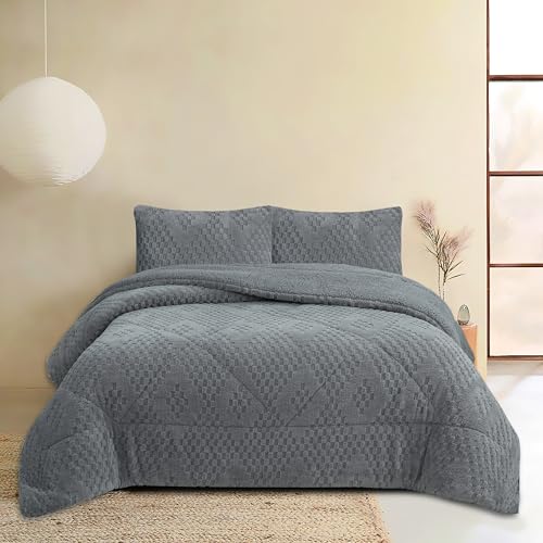 NH NOVOTEXTIL HOGAR Edredón Invierno Sherpa Cama 150 (250x260) Extra Grueso 560gr/m2 Efecto Borreguito - Edredón Suave, Cálido y Transpirable con 2 Fundas Almohada (50x70) (Poltava Gris)