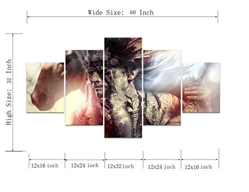 Figure Series Home Decor Artwork Native American Indian Warrior Feather Headdress And Horse Wall Art 5 Piece Paintngs Mystic Print On Canvas Framed For Living Room Hooks Ready To Hang(60''Wx32''H) #TOP6