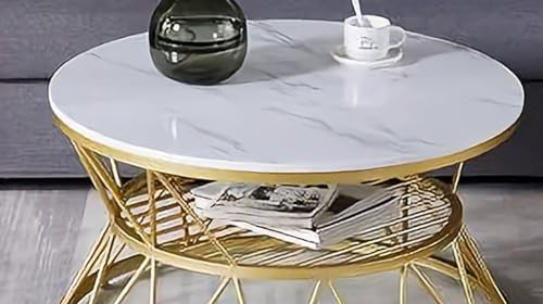 Image of The Circular Metal Side Table with Marble Shade top is a Chic and Useful Piece of Furniture. (White Gold)