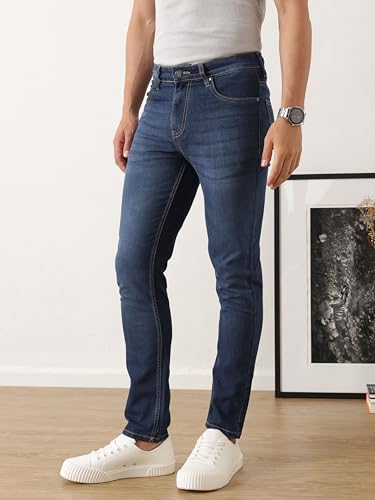 Image of Thomas Scott Men's Comfort Skinny Fit Stretchable Jeans | Medium Shade Light Fade Clean Look Denim | 5 Pocket Design | Casual Skinny Jeans for Men