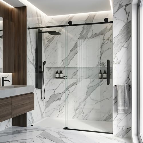 Elan 56 to 60 in. W x 76 in. H Frameless Sliding Shower Door VMotion in Matte Black Clear Glass