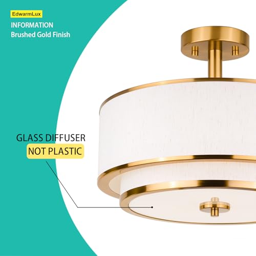 Edwarmlux 3-Light Semi Flush Mount Ceiling Light, 16" Drum Light with White Fabric Shade, Modern Close to Ceiling Lamp for Living Room Bedroom Dining Kitchen Hallway Entry (Brushed Gold) - Thumbnail 6