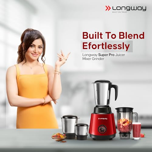 Image of Longway Super Pro Juicer Mixer Grinder | Up to 750W Max Output Powerful Motor | 4 Jars for Grinding, Mixing, Juicing | 2 Years Warranty (Red & Wine)
