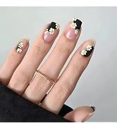 Flower Press On Nails Short Square, 24 pcs Floral Fake Nails - Black French Bevel Designs - Full ...