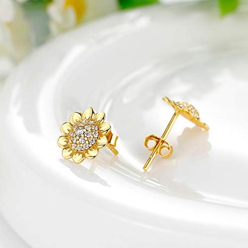 Qings Sunflower Women Earrings, 925 Sterling Silver Stud Earrings with Bling Cubic Zirconias, Gold Plated, Exquisite Box, Jewellery Gift for Christmas Valentine's Day Engagement Birthday Ladies Girls