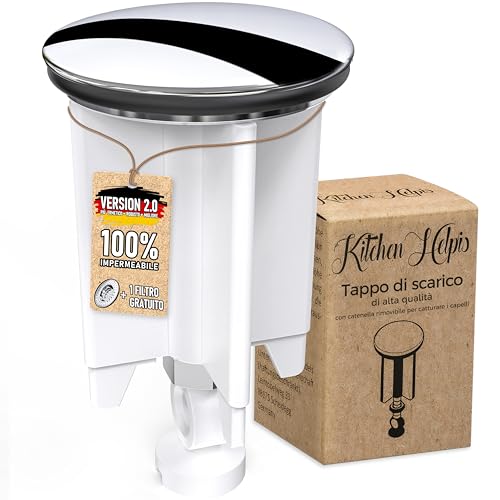 Kitchen Helpis® Tappo lavandino bagno, bianco, tappo bidet da 40mm con catena cattura capelli, tappo bidet universale, saltarello lavandino, tappo lavandino bagno, saltarello bidet, tappo lavabo