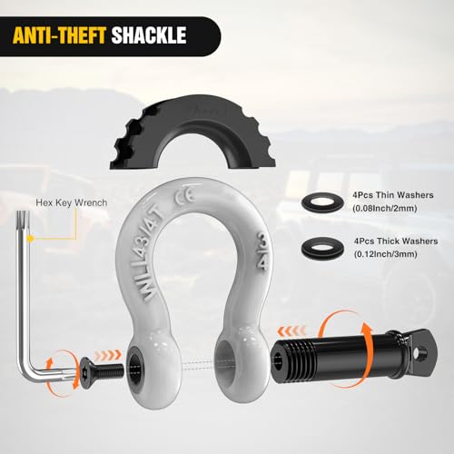 Image of Nilight 3 /4 inch D Ring Shackle 2 Pack 19T (41,887 lbs) Break Strength 4.75T WLL Heavy Duty Towing Hook with Anti-Theft System Anti-Rattle Isolators for Truck Jeep SUV ATV UTV Recovery White