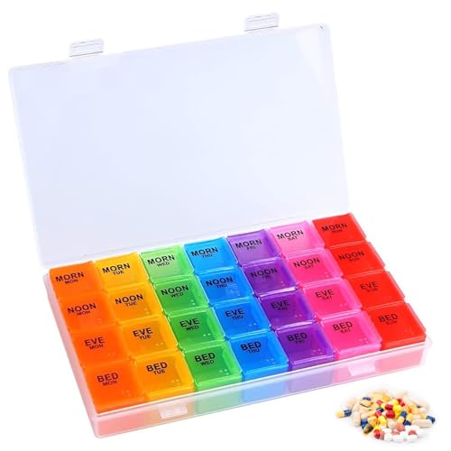High Capacity Weekly Pill Box/Organiser 7 Day 4 Times A Day with 28 Copartments to Hold Plenty of Medication Vitamins and SupplementsColour
