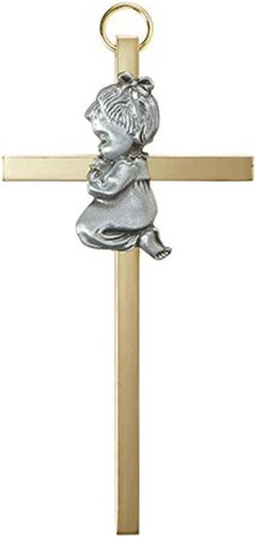 Trinity Church Supply Brass Cross with Baby Girl Emblem Prayer Room Decoration Hanger Gift for Room and Church, 4.25 Inch Height, Pack of 4