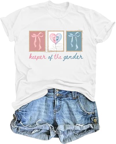 Keeper of The Gender Shirts for Women Gender Reveal Tshirt Funny Pregnancy Announcement Tee for Maternity Mom Tops White1 L