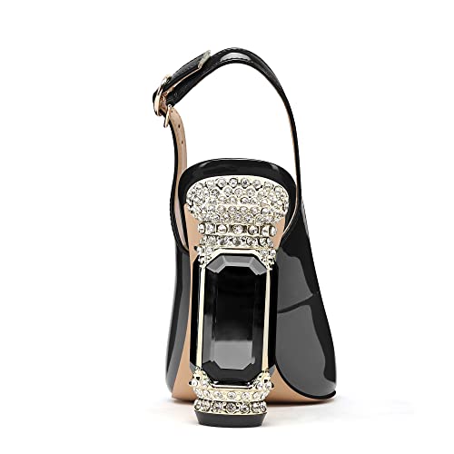 Image of JANSEVEN Women Chunky Heels Pumps Crystal Block Heels with Rhinestones Pointed Toe Sexy Gradient Patent Leather Slip on Bridal Party Wedding Dress Shoes 5-13 M US