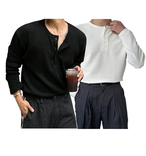 Image of Trillion Men's Textured Fabric Solid Color Basic Half-Open Collar T-Shirt, Fall Long Sleeve Men Shirt | Tshirt for Men