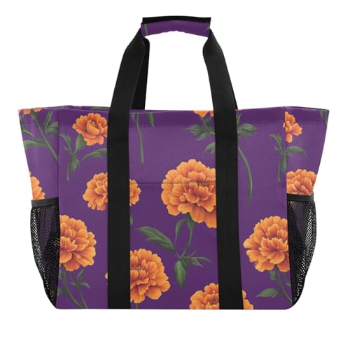 JUNZAN Purple Floral Vintage Utility Bag Foldable Beach Bags Water Resistant Reusable Grocery Bag Canvas Tote Bag For Car2