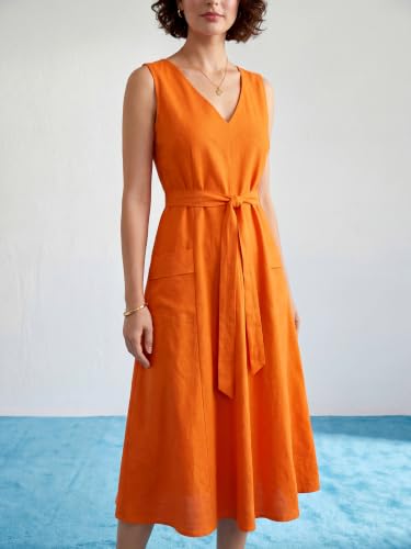 Image of PURVAJA Women's Fit & Flared Midi Length Sleeveless V-Neck Solid Dress