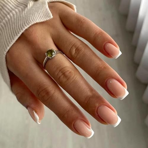 Image of French Tip Press on Nails White Fake Nails Short Square False Nail Nude Glue on Nails Glossy Acrylic Full Cover Stick on Nail for Women DIY Nail Art Decoration 24pcs