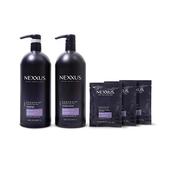 Nexxus Keraphix Shampoo and Conditioner and 3 Hair Repair Masks Treatment System (5 Pack) , Damaged Hair Treatment 33.8 oz, 2 Count & 1.5 oz, 3 Count