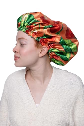 Ecoslay Reversible Satin Hair Bonnet, Strawberry and Orange Print Design, Large, Strawberry, Large