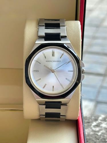 Image of AMERICANVIBER Modern Analog Watch, Silver and Black Two-Tone Stainless Steel Band, Octagonal Case, White Dial for Men
