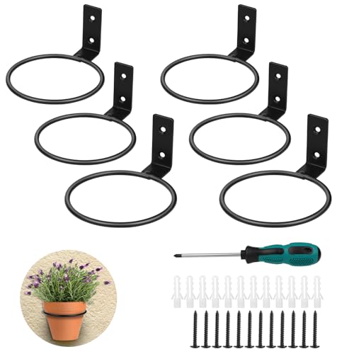 efuturetime 6 x Soporte Macetas Pared Exterior 4 Pulgadas (Ø10cm), Soporte de Pared Macetas con Tornillos y Destornillador, Estante de Maceta de Anillo para Balcón, Jardín, Restaurante