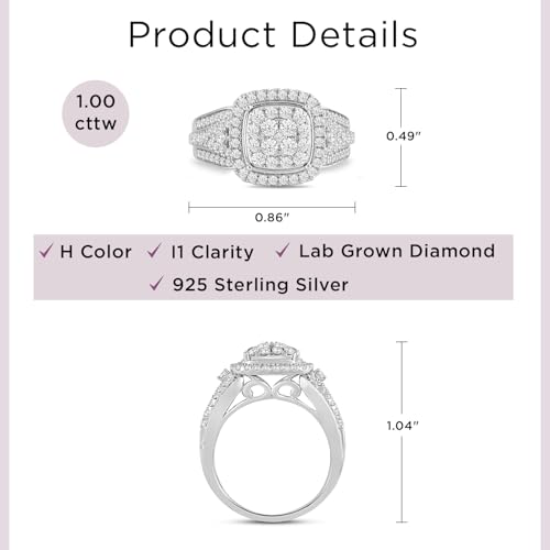 Jewelili 925 Sterling Silver Diamond Ring for Women | 1.0 CTW Bridal Wedding Engagement Rings | H Color I1 Clarity | Lab Grown Diamond Ring | Size 6,7 & 84