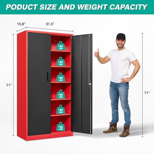 Image of 6 Tier Garage Storage Cabinet with 5 Adjustable Shelves,Metal Storage Cabinet with Lock,Red Black Metal Cabinet with Locking Doors,Steel Locker,71 inch Lockable Storage Cabinets for Home,Office,Garage
