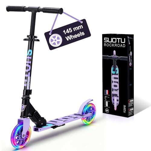 SUOTU Trottinette pour Enfants avec Roue Lumineuse de 145 mm, Charge Max: 100 kg, Pliable, Hauteur Réglable, Scooter pour Garçons et Filles de 3 à 12 Ans, Aluminium (Noir- Violet)