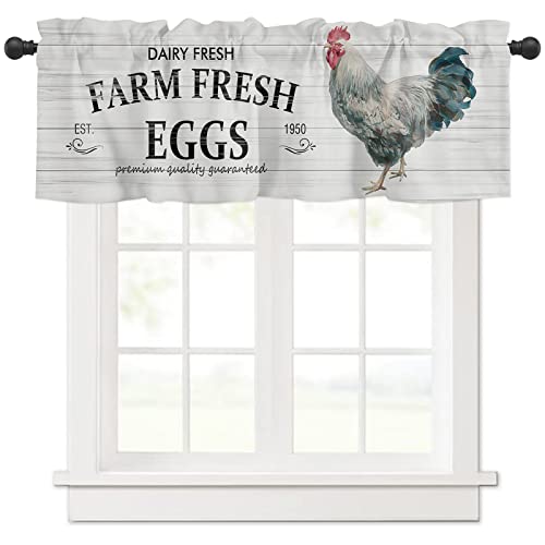 Valance Curtains For Kitchen Windows Vintage Farmhouse Style Chicken Oil Painting Wood Grain Curtain Valances Decor Short Rod Pocket Window Treatment Drapes For Kitchen Bedroom 54X18In #TOP19