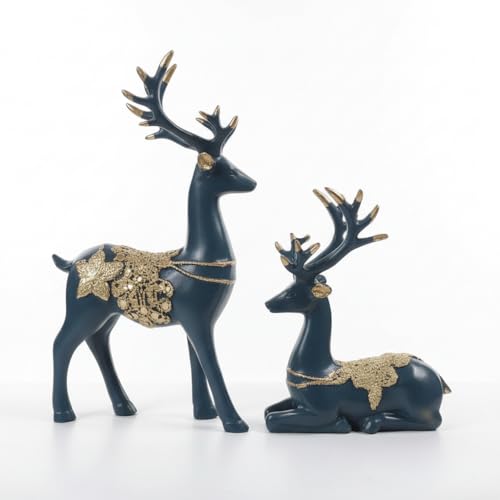 Image of eCraftIndia Resin Reindeer Showpiece for Home Decor Living Room (Pack of 2 Golden Blue) | Vastu Feng Shui Items for Good Luck Gift for Housewarming Birthday