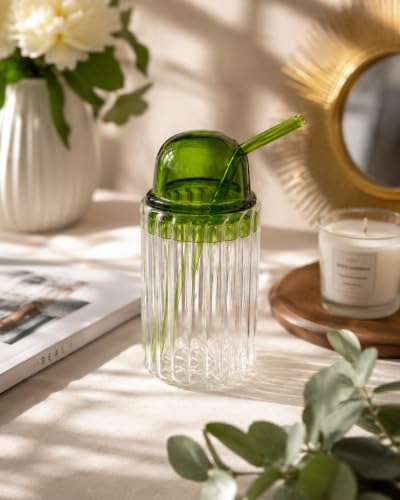 Image of Premium Ribbed Glass Tumbler with Glass Lid & Straw | Borosilicate Drinking Glass for Iced Coffee, Juice, Smoothies & Cold Beverages | Lightweight Aesthetic Glass Cup (Green Tumbler)