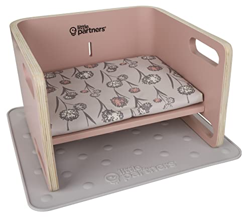 Image of Little Partners 3-in-1 Wooden Learning Booster Seat for Toddlers - Converts to Step Stool for Kids - Seat Cushion, Silicone Mat, and Booster Chair with Safety Straps - Feeding Chair (Blush)