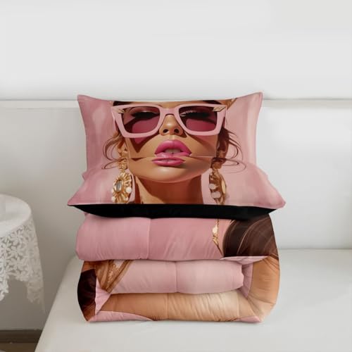 Image of Erosebridal Pink Black Girls King Comforter Set Luxury African American Bedding Set for Girls Women Modern Fashion Woman Room Decor Afro Black Woman Duvet Insert (1 Comforter, 2 Pillowcases)