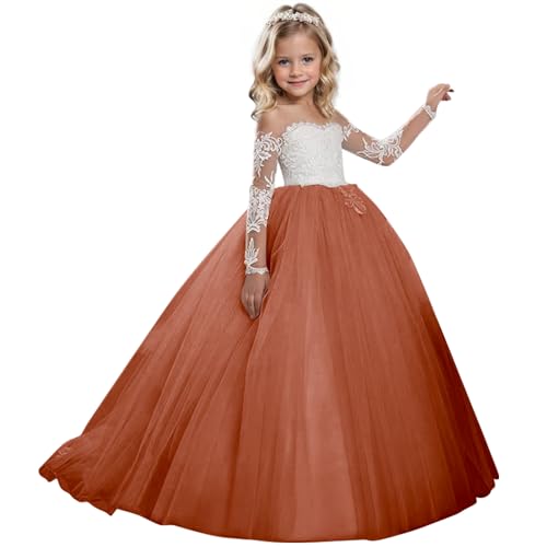 Flower Girl Dress with Sleeves Girls Tulle Pageant Gown Long First Communion Party Dress for Girls