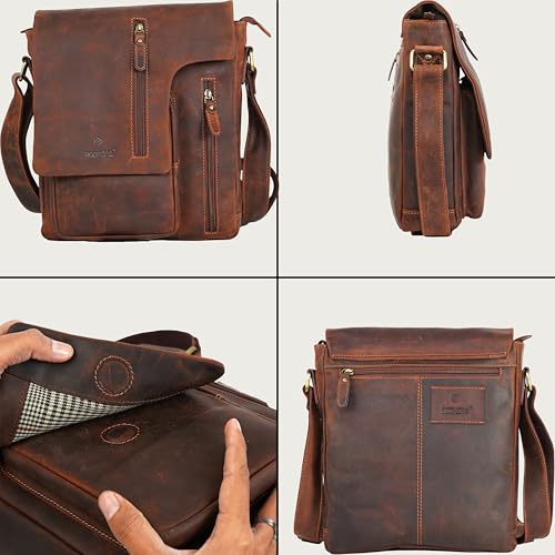 Vintage Leather Messenger Sling Bag – Premium Crossbody Satchel with Curved Flap, Zipper Closure, Adjustable Strap – Stylish Travel & Work Bag for Men & Women3