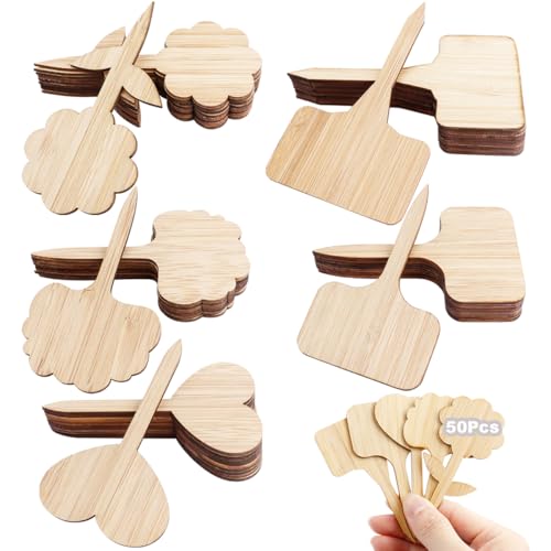 Wolfride 50Pcs Bamboo Plant Labels, 5 Styles Wood Plant Tags Wooden Garden Plant Markers Outdoor