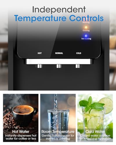Image of Manastin 4-in-1 Water Dispenser with Ice Maker, Hot & Cold & Room Temperature Top Loading Water Cooler with Fast Ice Making, Compatible with 3-5 Gallon Bottles, for Home and Office, Space Black