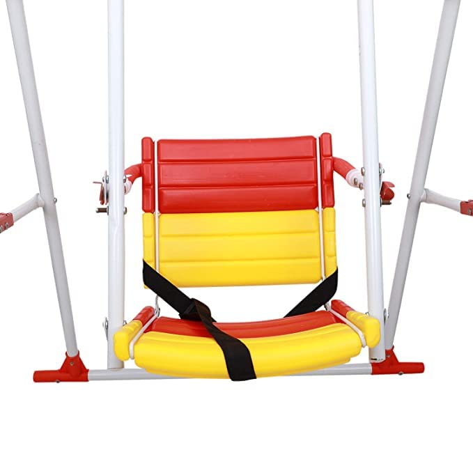 Image of BABYBLESSING Garden Swing|Single Seater|Swing For School,Terrace, Garden|Adjustable Ropes And Ground Pegs|With Safety Locks|Durable|Red&Yellow|Alloy Steel, 103.5 CM