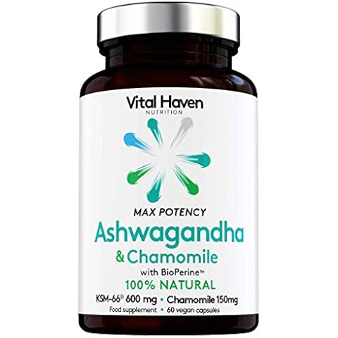 100% Natural - Ashwagandha KSM-66 (600mg) + Chamomile (150mg) with Bioperine for Maximum Absorption - Premium Ingredients - Vegan Supplement - Ayurveda Indian Ginseng - Made in The UK Cover