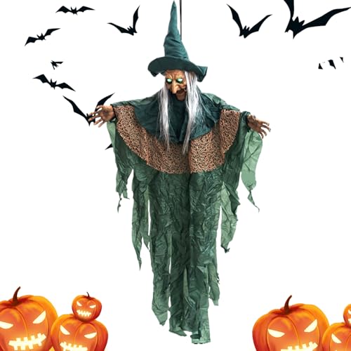 Bruja colgante – Brujas parlantes animadas, activación de sonido, ojos iluminados, accesorio espeluznante para vacaciones, carnaval, fiesta, patio, reunión, casa encantada, césped, jardín, porche
