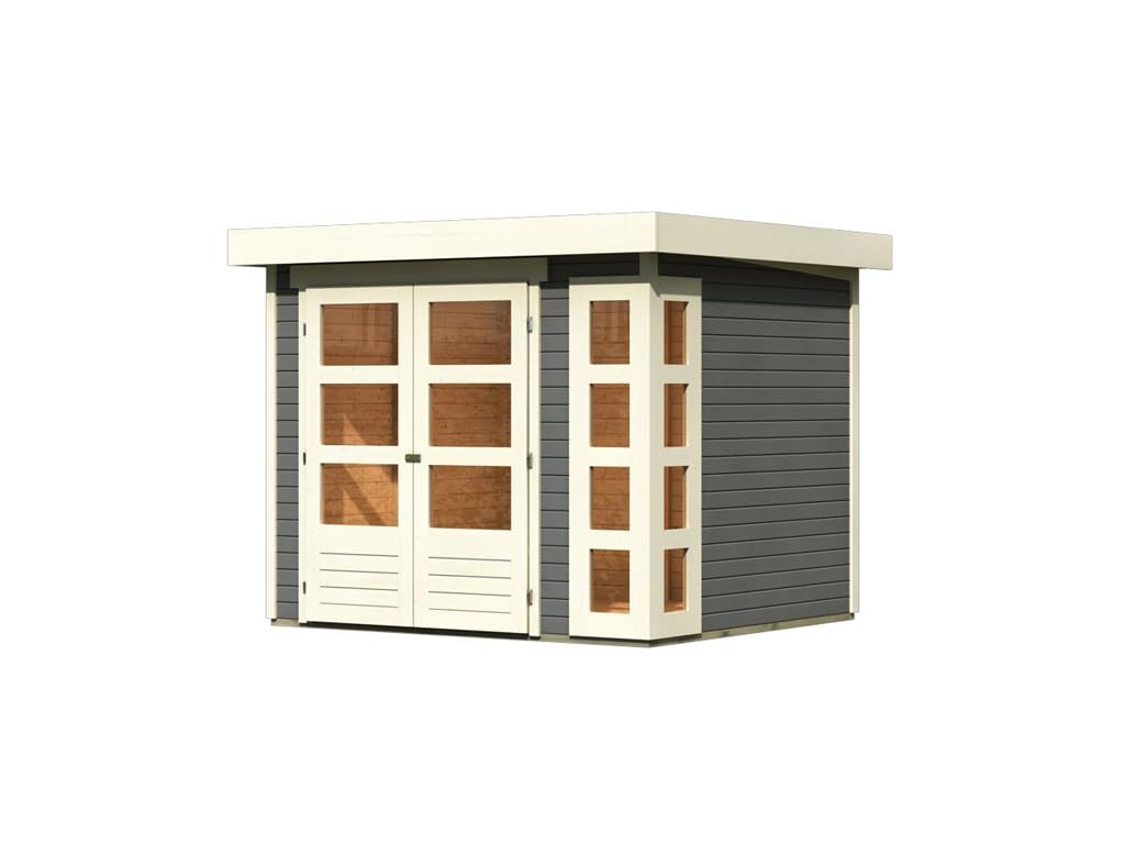 Karibu Gartenhaus | Gerätehaus mit 19 mm Wandstärke | Doppeltür mit Lichtausschnitten + Fenster | Schuppen mit 5,26 m² Grundfläche | Steck-/Schraubsystem | Terragrau | 242 x 217 x 211 cm