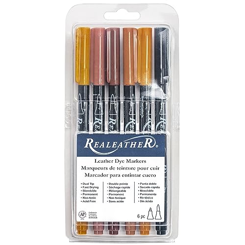 Realeather F2400-01 Leather Dye Pens, Double Sided with Fine and Brush Tips, Earth Tone Colors, 6-Pack